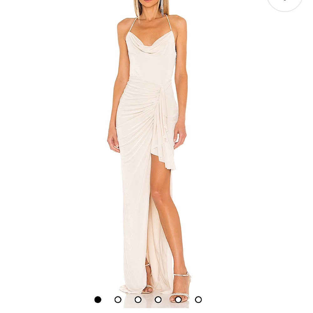 KATIE MAY REVOLVE So Juicy Champagne Long Dress w/ Cowl Neck Slit Open Back XS